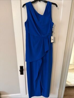 Adrianna Papell Neptune Blue Asymmetrical Crepe Jumpsuit